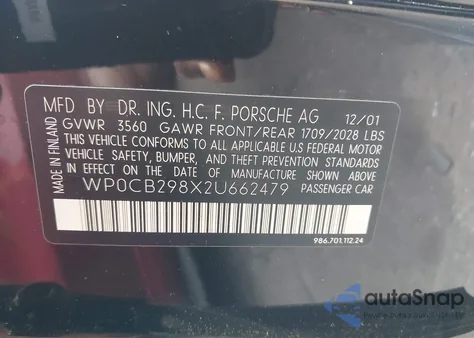 2002 Porsche Boxster S from USA, damaged, VIN WP0CB298X2U662479